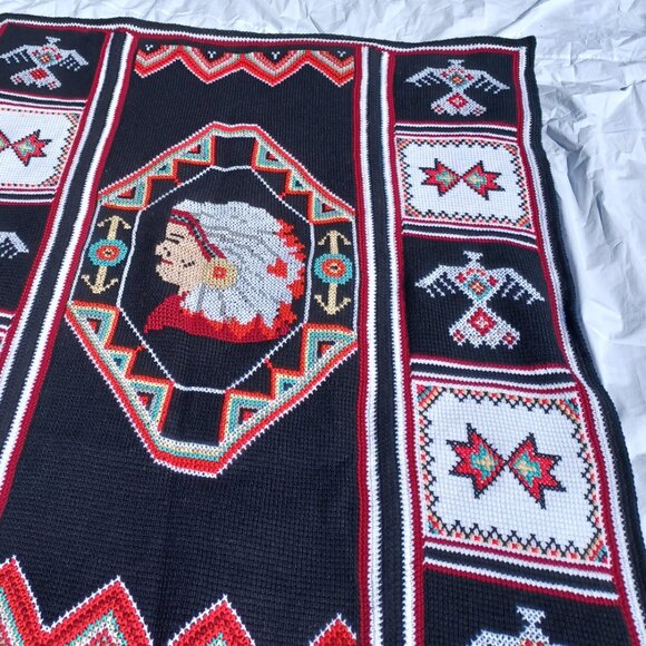 Handmade Crochet Afghan Southwestern Pattern Native American Indian Head - Picture 5 of 8